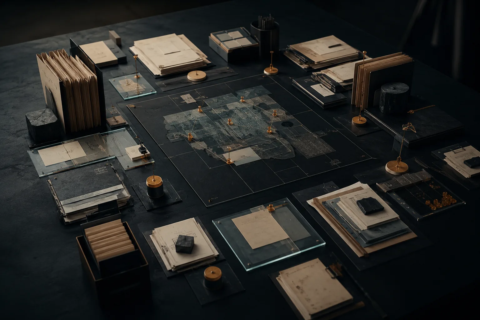 Dark systems table with routing cards, framework files and connected source stations.