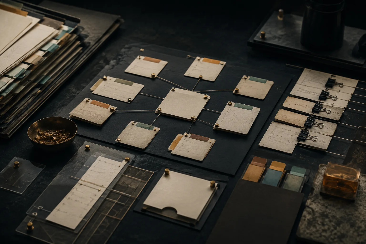 Dark council table with separate source stations around a shared context board.
