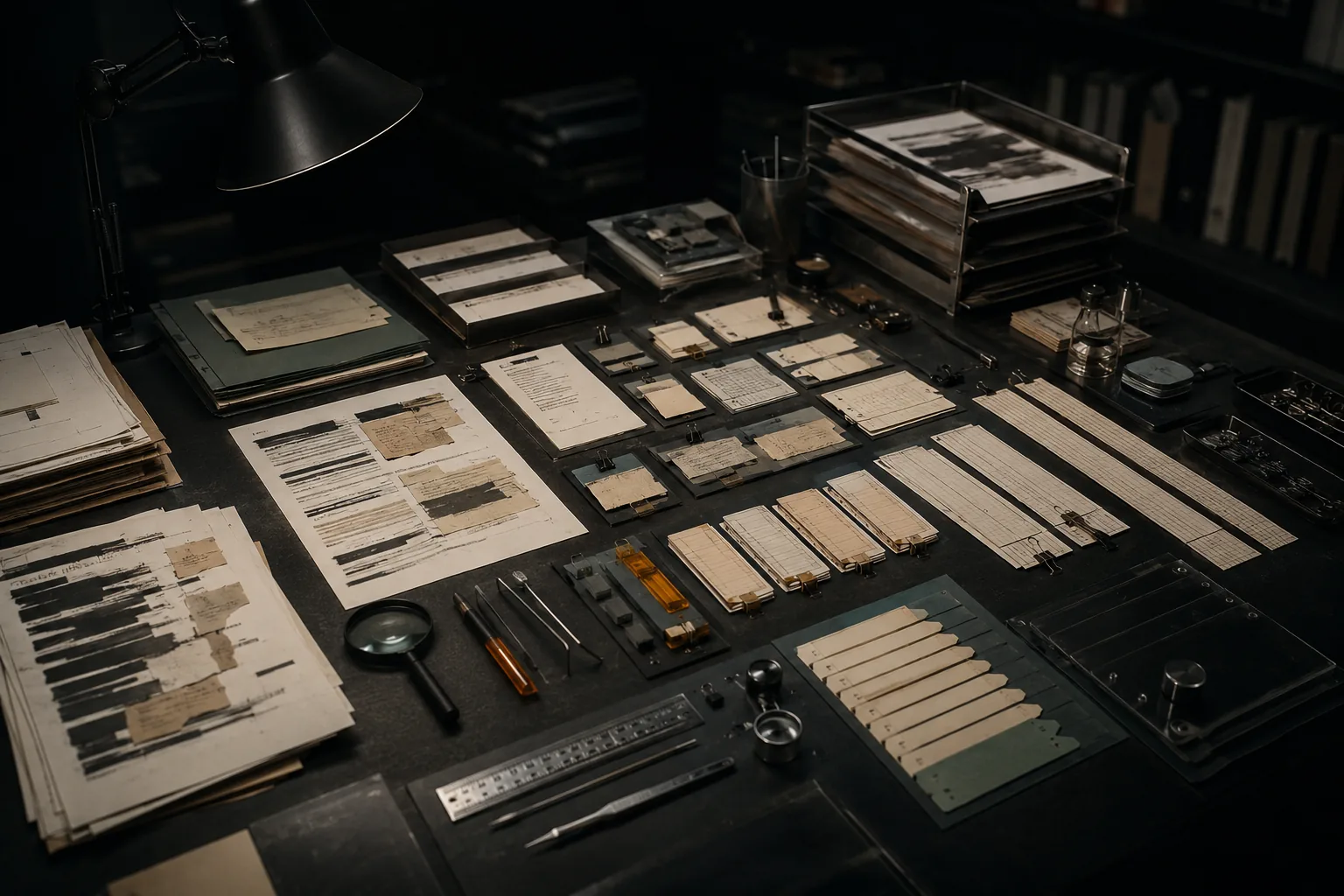 Dark extraction table with source documents, file cards and measuring tools.