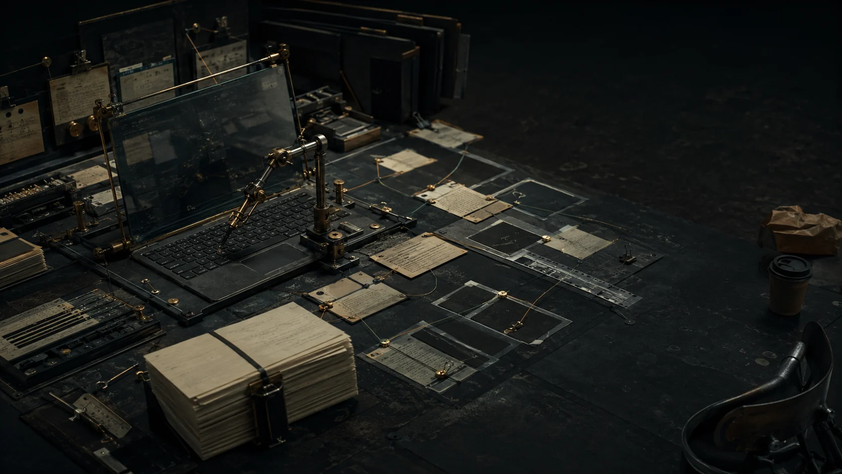 Dark testing table with a Chrome window, prompt cards, OCR fragments and a small mechanical hand hovering over the keyboard.