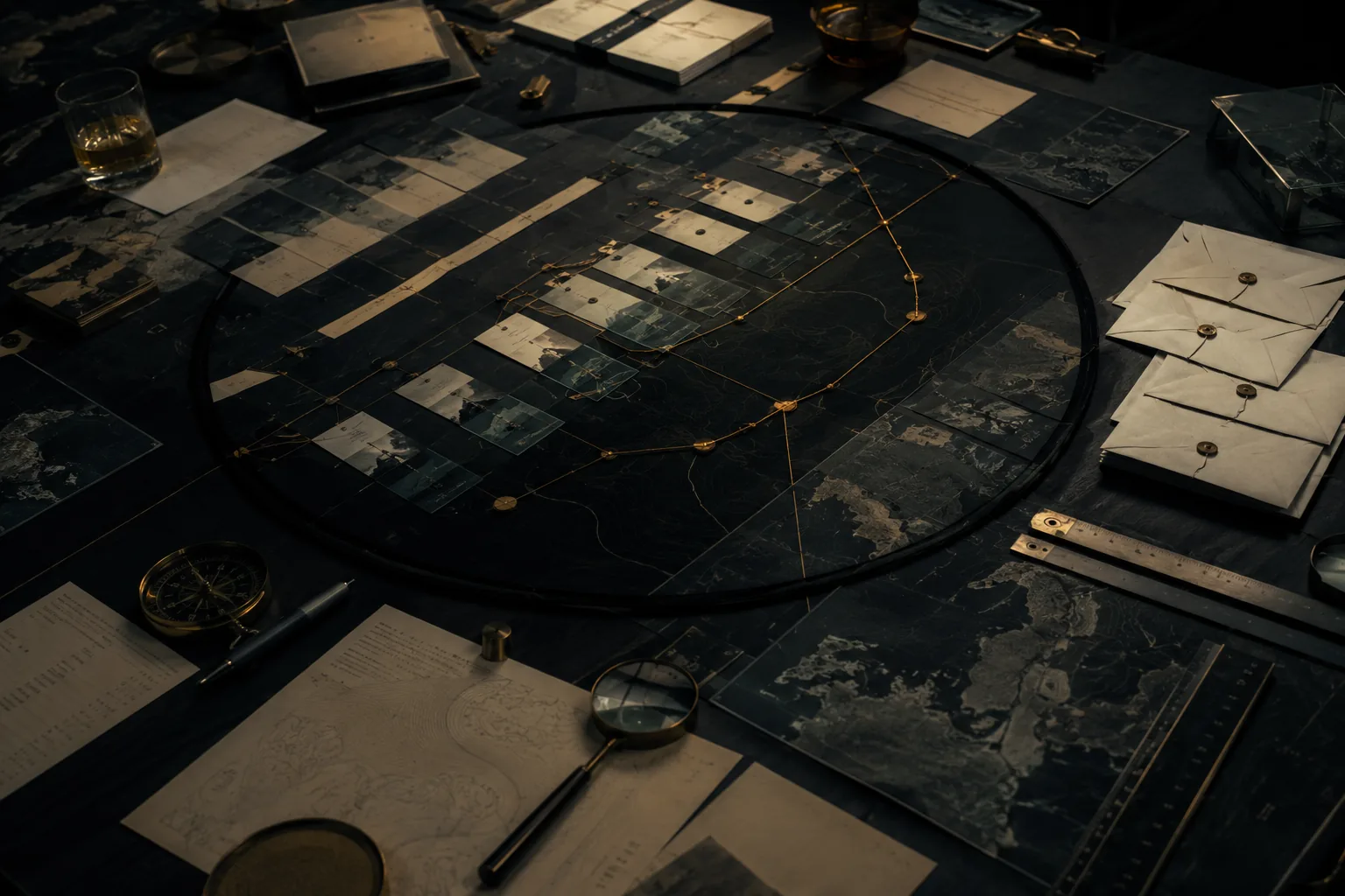 Dark scenario planning table with map fragments, timelines and sealed envelopes.