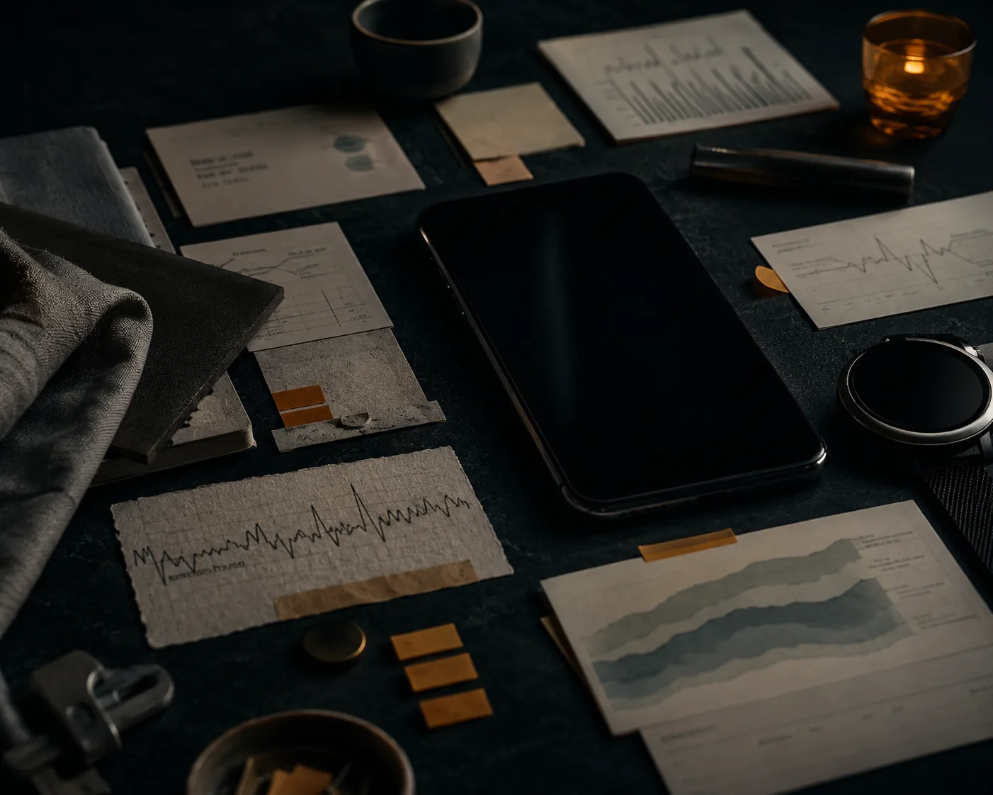 Dark health monitoring table with phone, watch sensor and physiology notes.