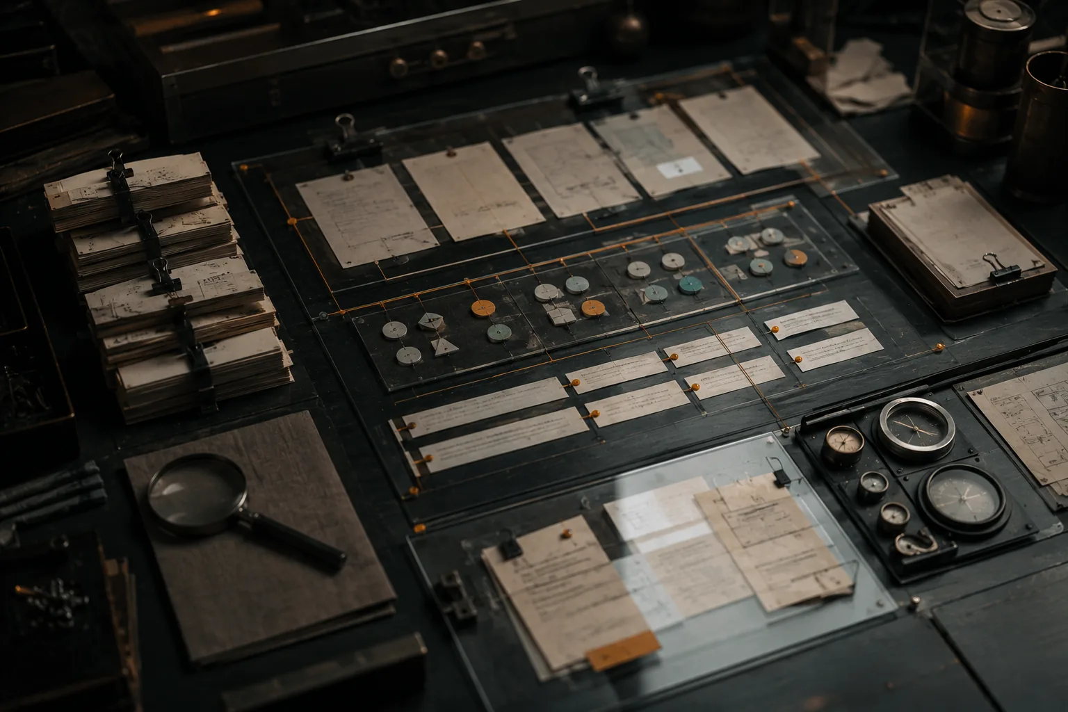Dark dashboard inspection table with source cards, routing markers and gauges.