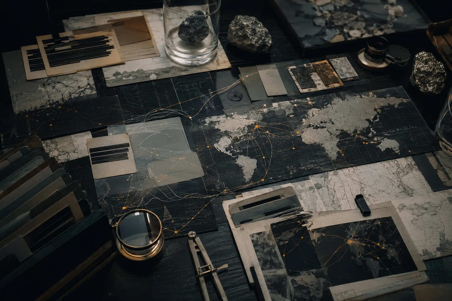 Dark global risk analysis table with map fragments, overlays and signal paths.