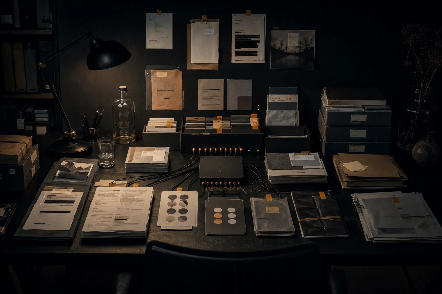 Dark personal knowledge system table with documents, routing device and memory folders.