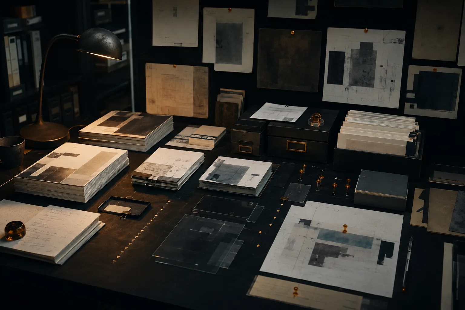 Dark public knowledge archive table with paper layouts, folders and alignment marks.