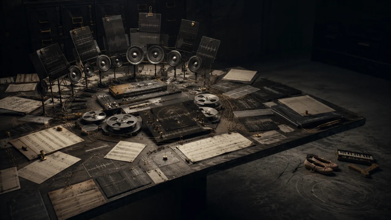 Dark Nordic inspection table where clipped essays, waveform plates, reels and small speakers form a synthetic choir.