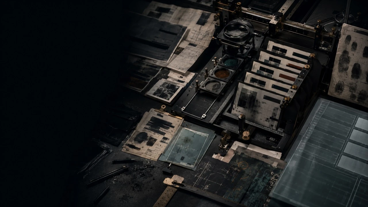 Dark visual calibration apparatus with redacted image fragments, colour filters and fingerprinted evidence.