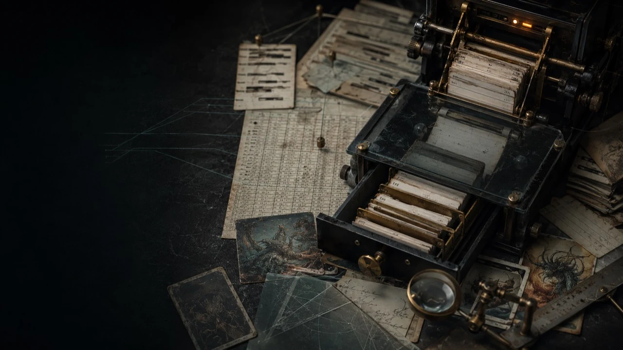 Dark card-indexing apparatus with collection records, illustrated card fragments and a brass inspection lens.