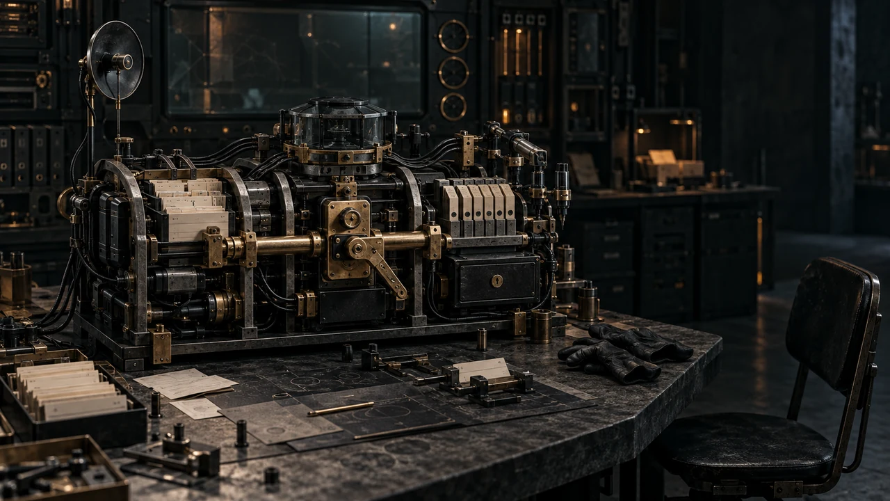 Dark modular AI apparatus assembled from archive cards, routing mechanisms and a brass restraint system on an institutional workbench.